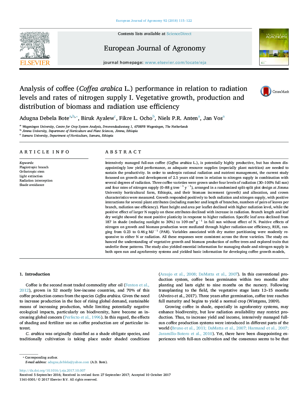 Analysis of coffee (Coffea arabica L.) performance in relation to radiation levels and rates of nitrogen supply I. Vegetative growth, production and distribution of biomass and radiation use efficiency