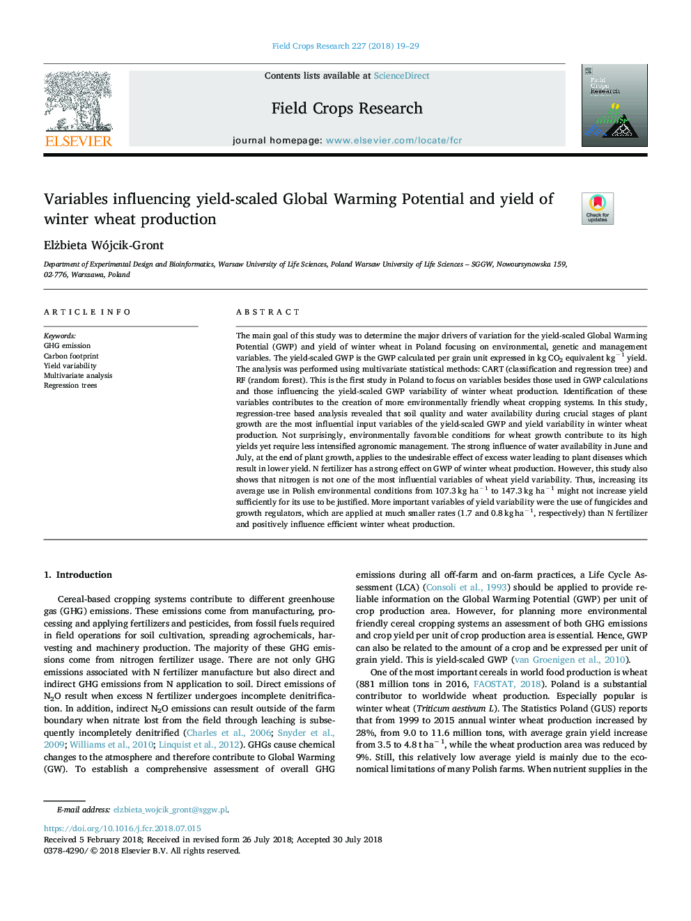 Variables influencing yield-scaled Global Warming Potential and yield of winter wheat production