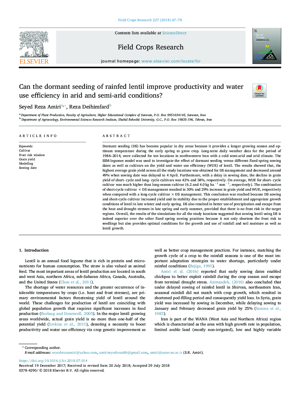 Can the dormant seeding of rainfed lentil improve productivity and water use efficiency in arid and semi-arid conditions?