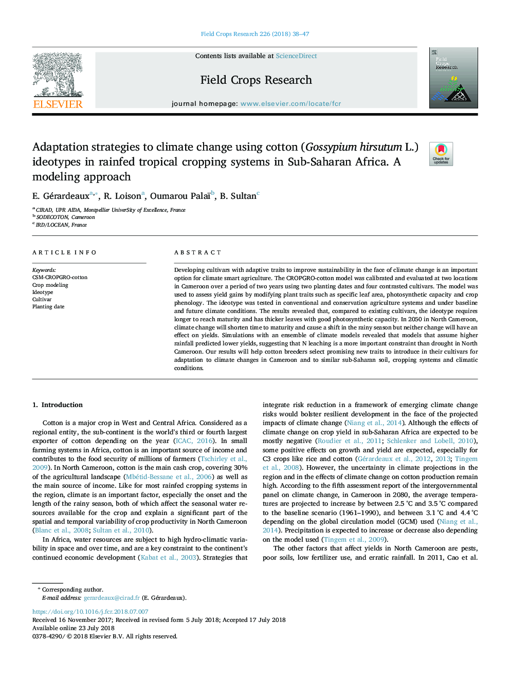 Adaptation strategies to climate change using cotton (Gossypium hirsutum L.) ideotypes in rainfed tropical cropping systems in Sub-Saharan Africa. A modeling approach