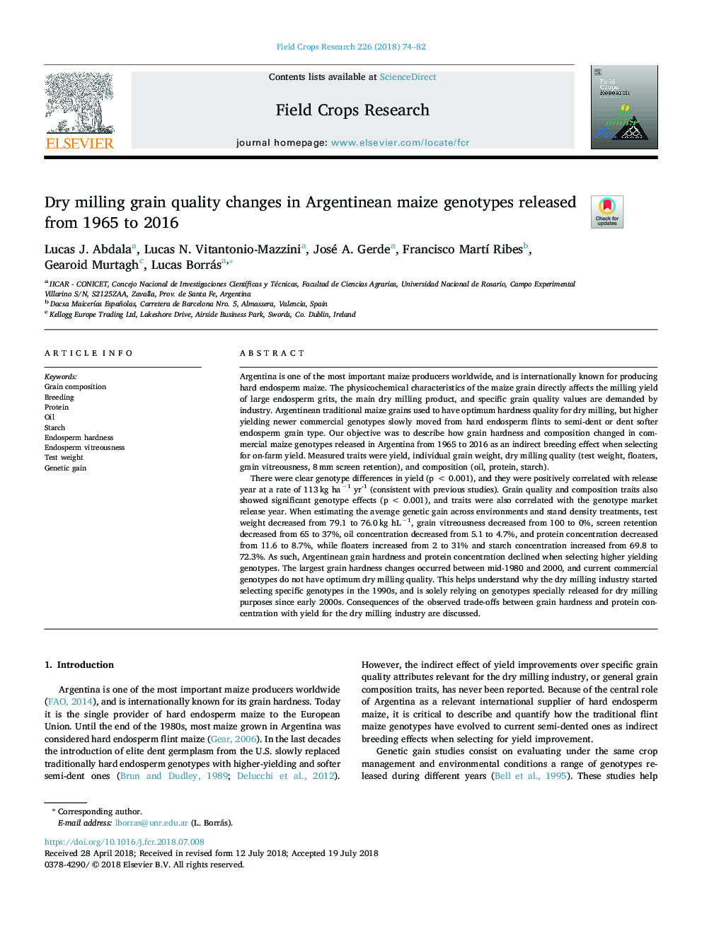 Dry milling grain quality changes in Argentinean maize genotypes released from 1965 to 2016