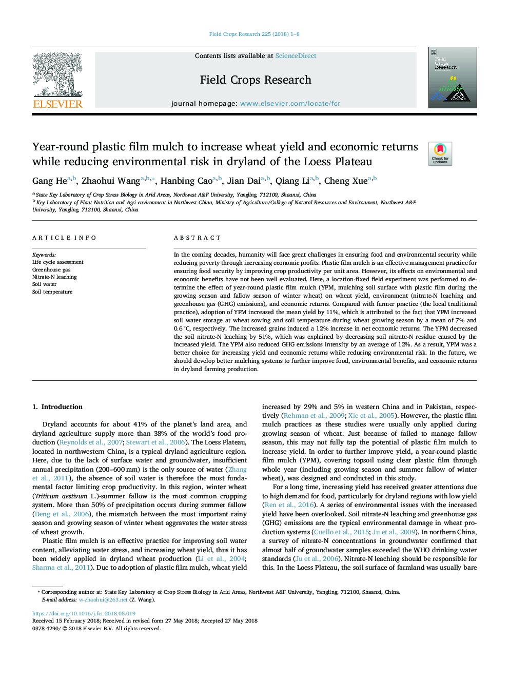 Year-round plastic film mulch to increase wheat yield and economic returns while reducing environmental risk in dryland of the Loess Plateau