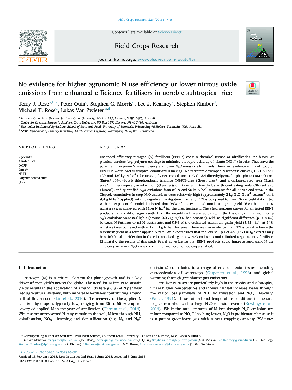 No evidence for higher agronomic N use efficiency or lower nitrous oxide emissions from enhanced efficiency fertilisers in aerobic subtropical rice