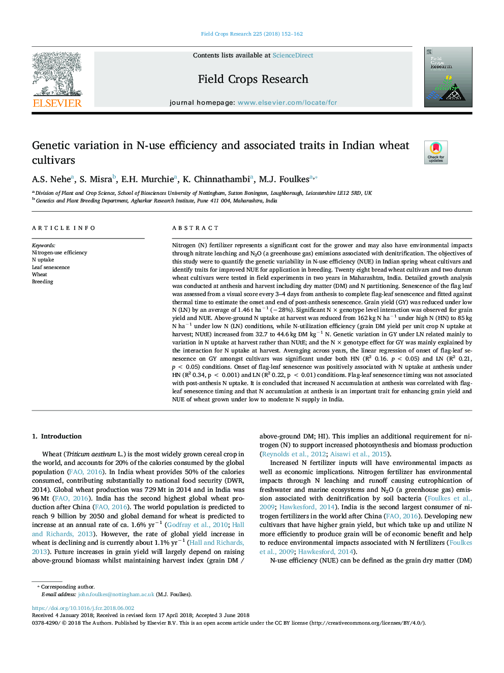 Genetic variation in N-use efficiency and associated traits in Indian wheat cultivars