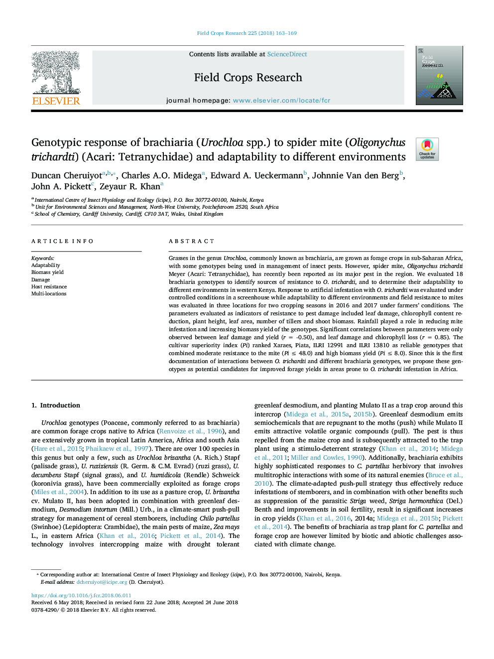 Genotypic response of brachiaria (Urochloa spp.) to spider mite (Oligonychus trichardti) (Acari: Tetranychidae) and adaptability to different environments