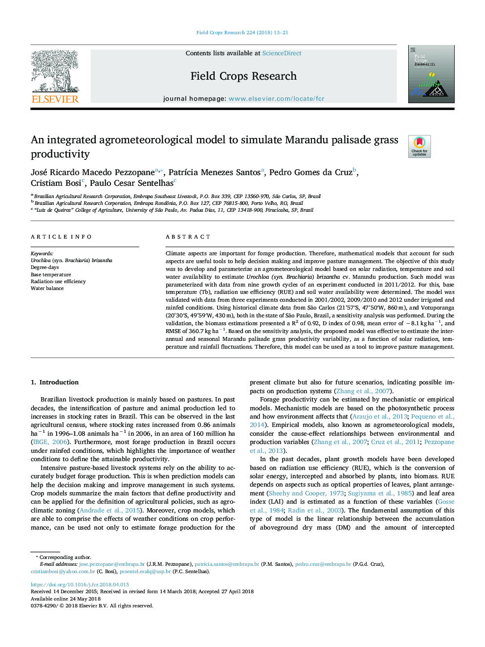 An integrated agrometeorological model to simulate Marandu palisade grass productivity