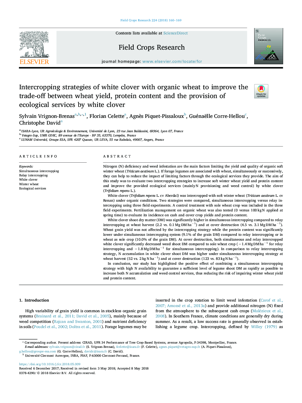 Intercropping strategies of white clover with organic wheat to improve the trade-off between wheat yield, protein content and the provision of ecological services by white clover