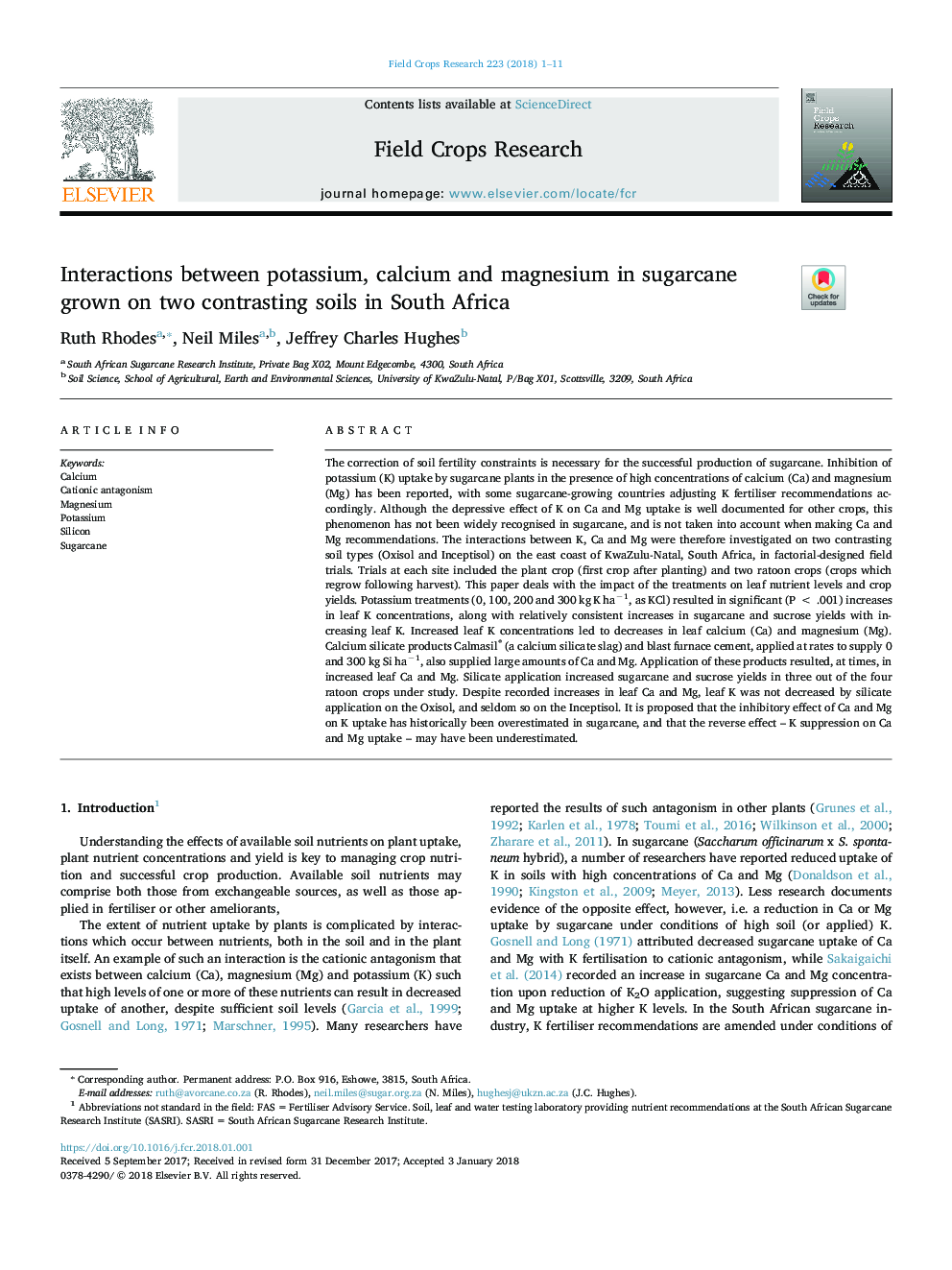 Interactions between potassium, calcium and magnesium in sugarcane grown on two contrasting soils in South Africa