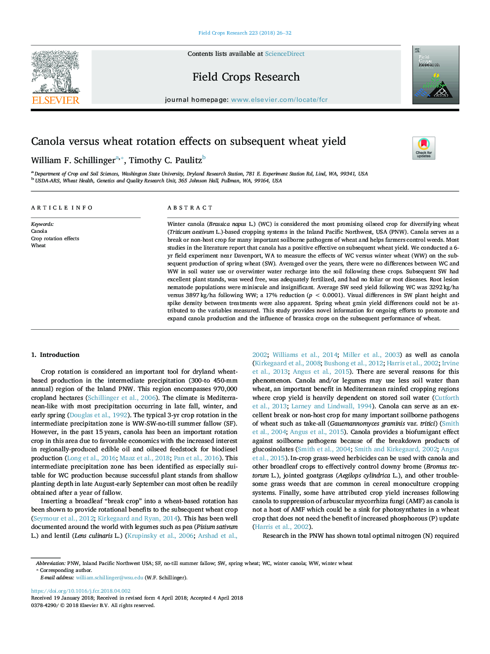 Canola versus wheat rotation effects on subsequent wheat yield