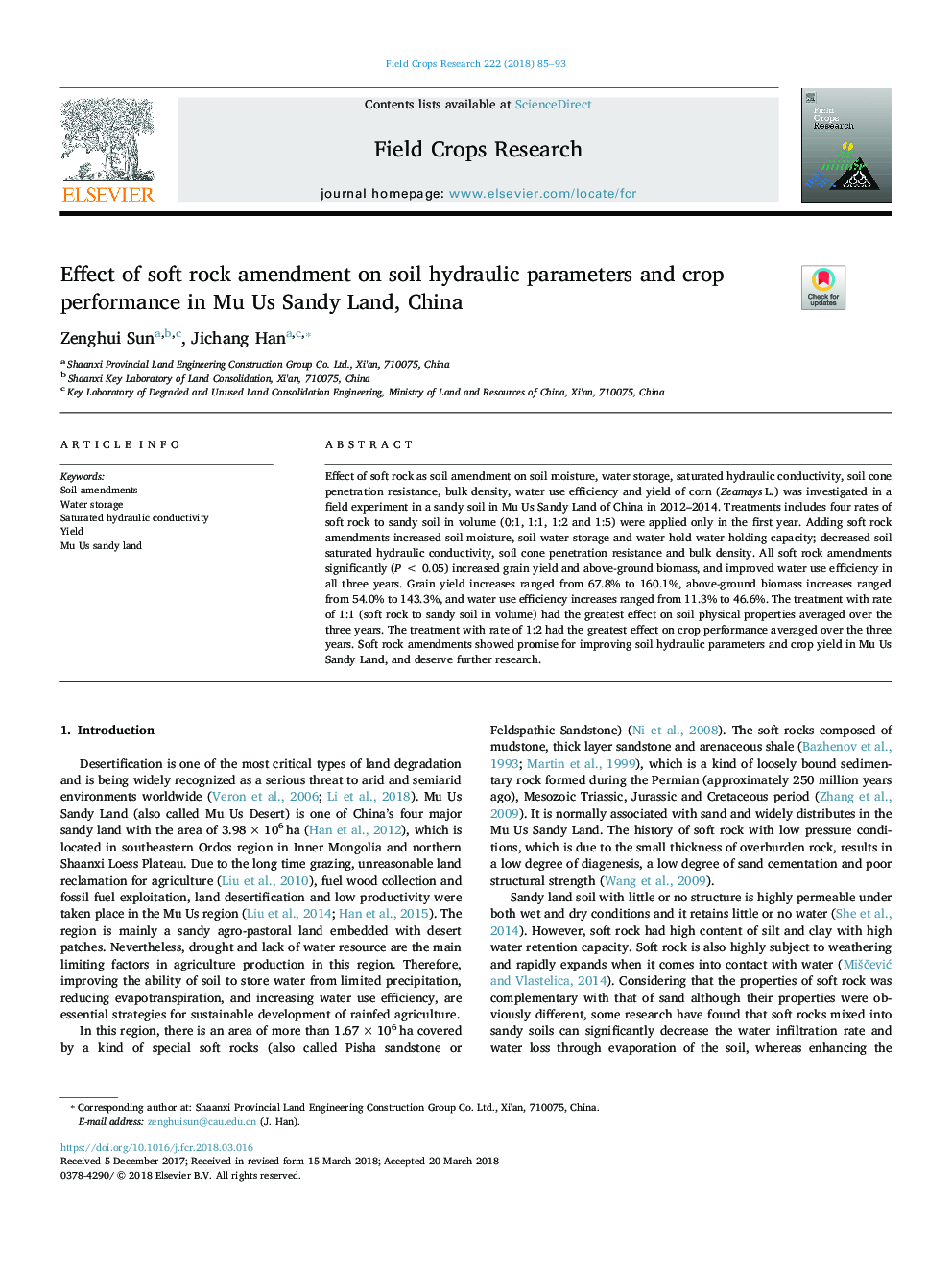 Effect of soft rock amendment on soil hydraulic parameters and crop performance in Mu Us Sandy Land, China