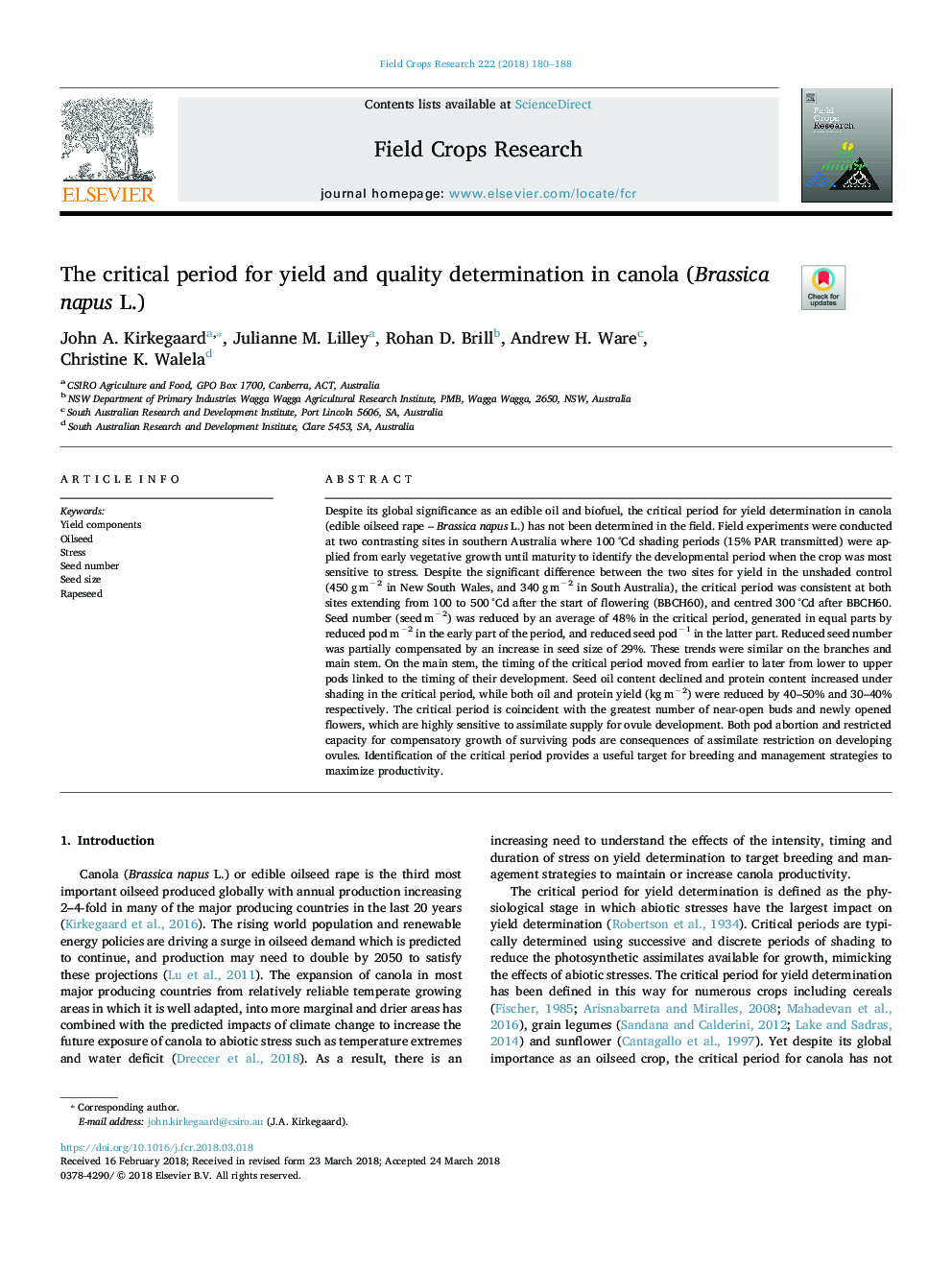 The critical period for yield and quality determination in canola (Brassica napus L.)