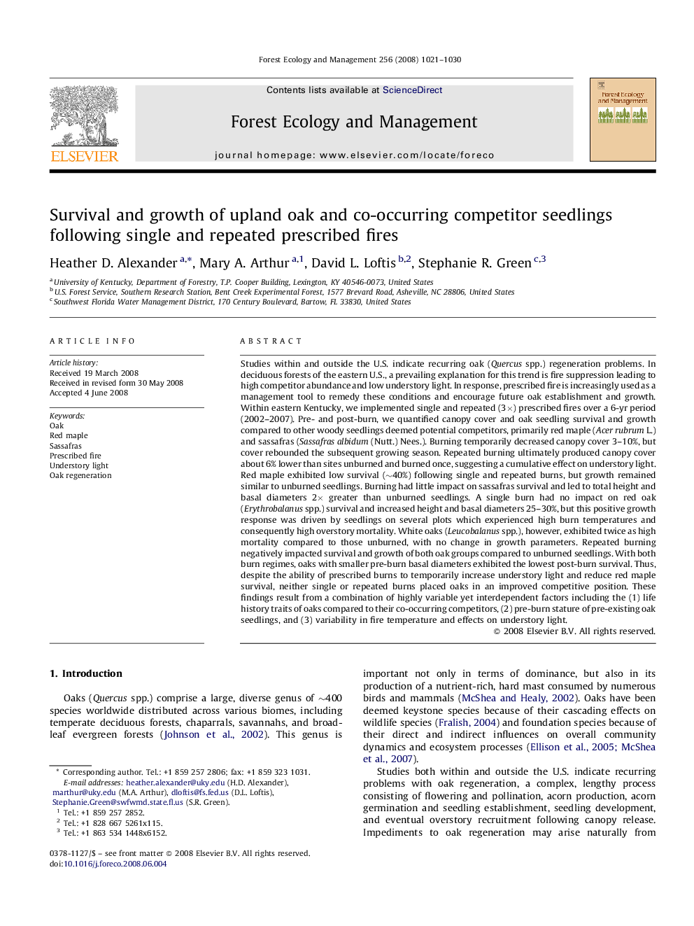 Survival and growth of upland oak and co-occurring competitor seedlings following single and repeated prescribed fires