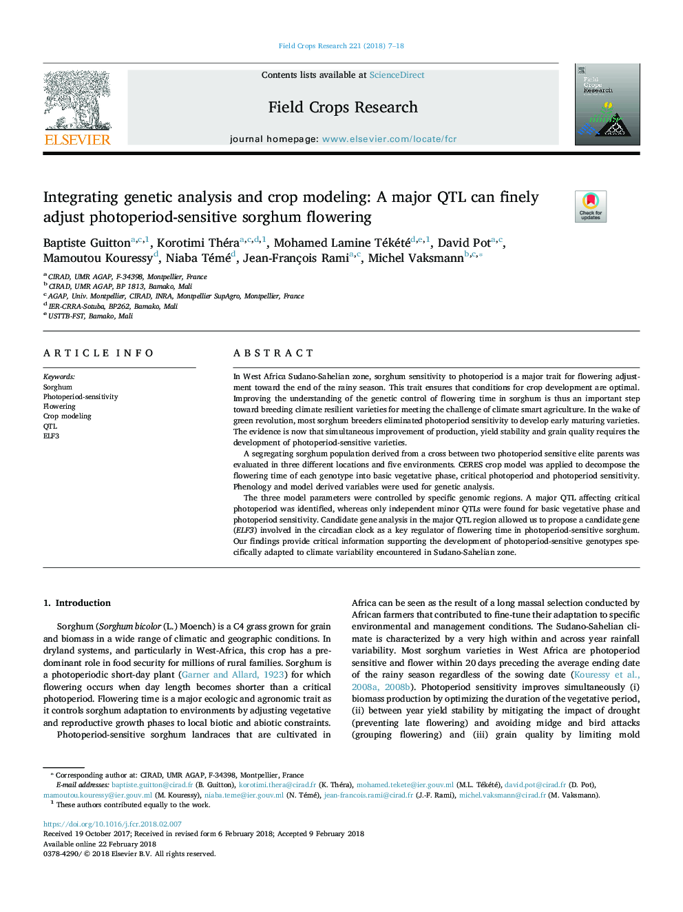 Integrating genetic analysis and crop modeling: A major QTL can finely adjust photoperiod-sensitive sorghum flowering