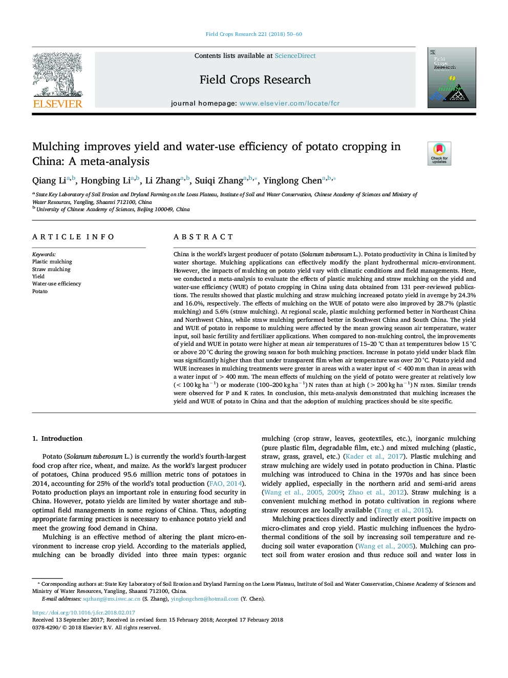 Mulching improves yield and water-use efficiency of potato cropping in China: A meta-analysis