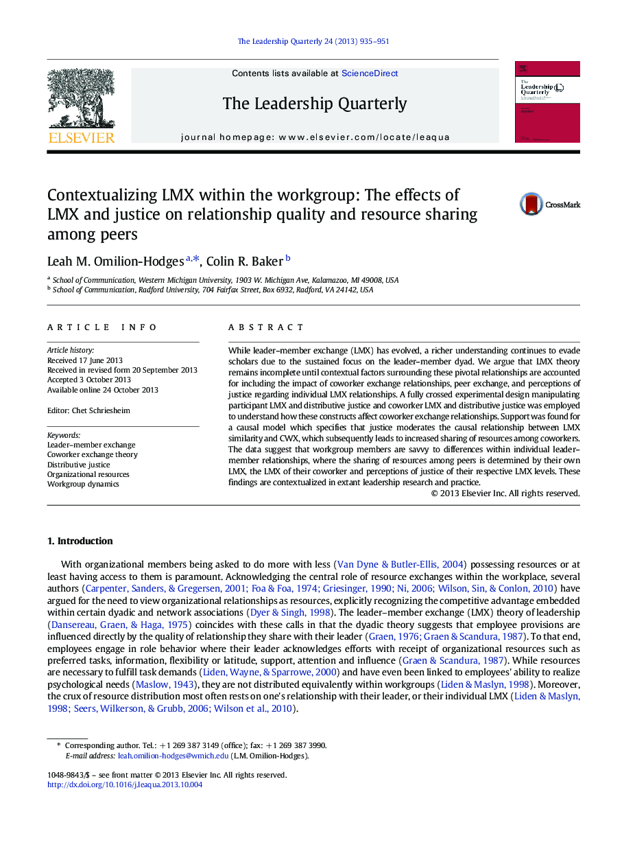 Contextualizing LMX within the workgroup: The effects of LMX and justice on relationship quality and resource sharing among peers