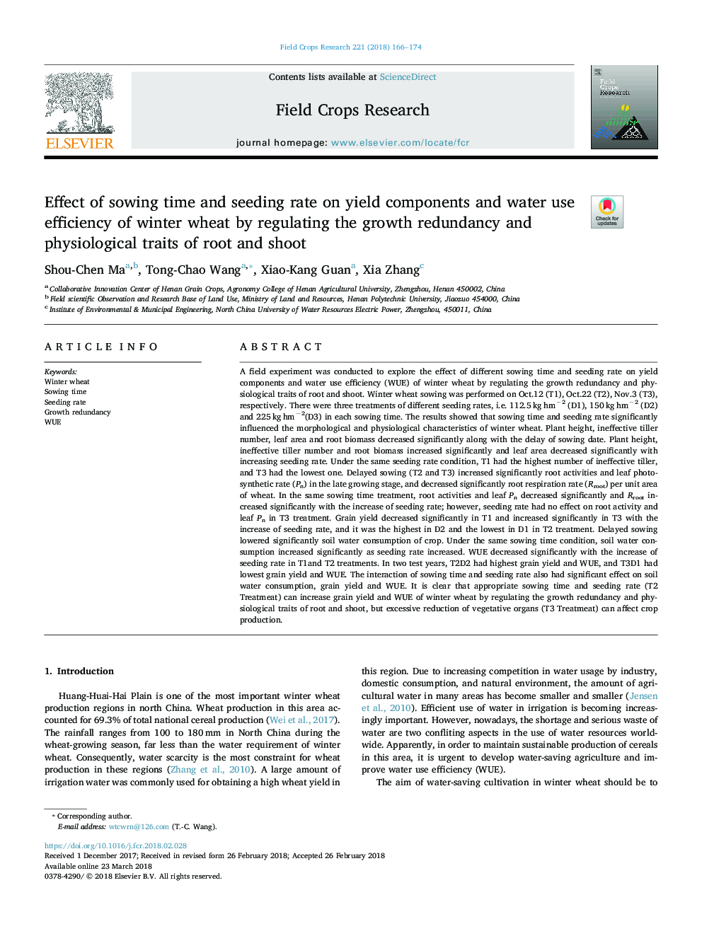 Effect of sowing time and seeding rate on yield components and water use efficiency of winter wheat by regulating the growth redundancy and physiological traits of root and shoot