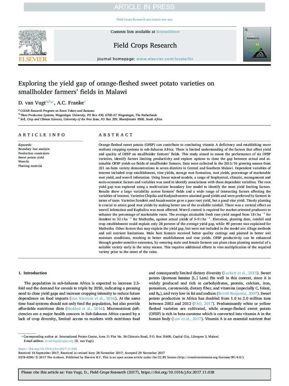 Exploring the yield gap of orange-fleshed sweet potato varieties on smallholder farmers' fields in Malawi