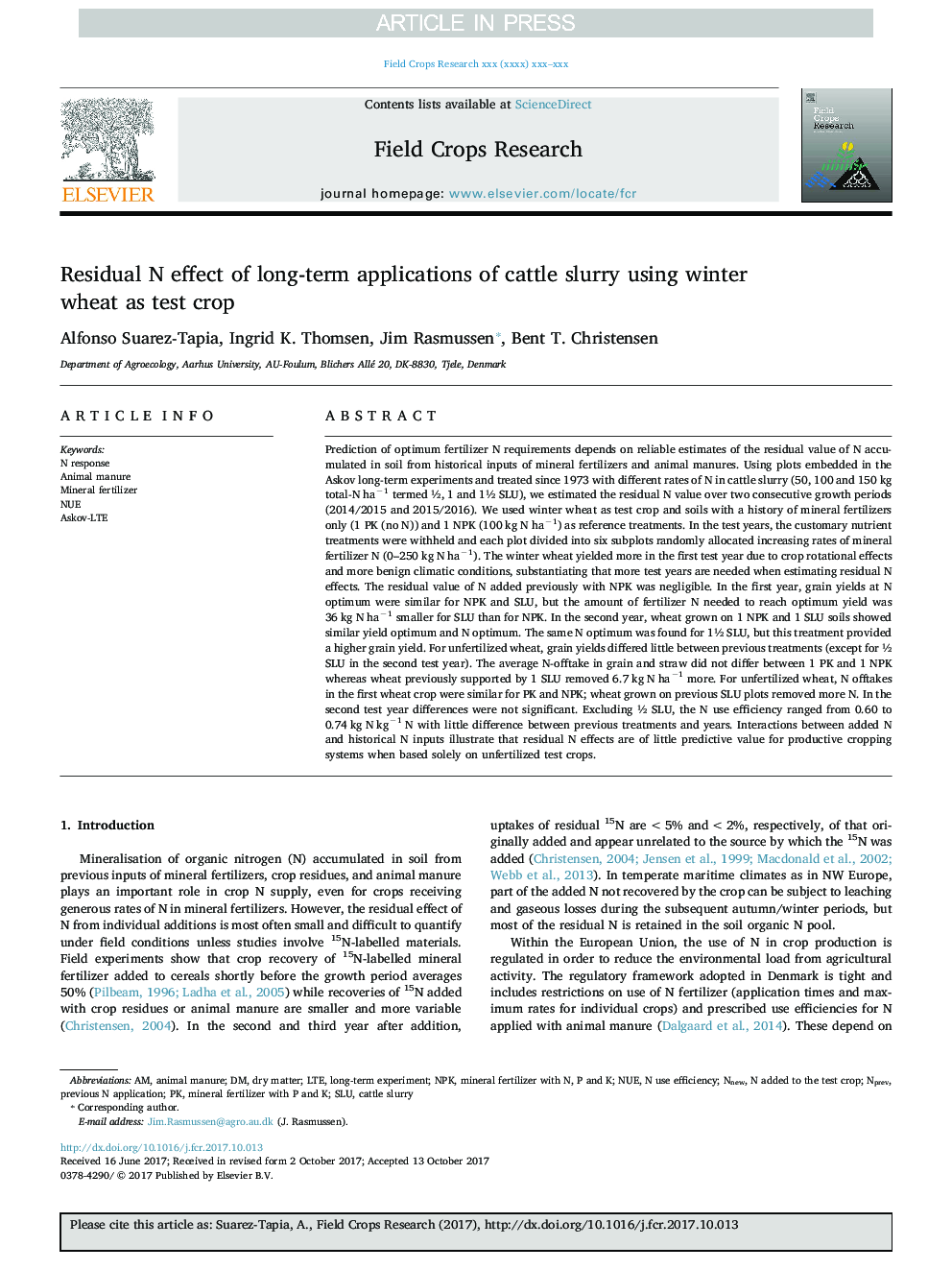 Residual N effect of long-term applications of cattle slurry using winter wheat as test crop