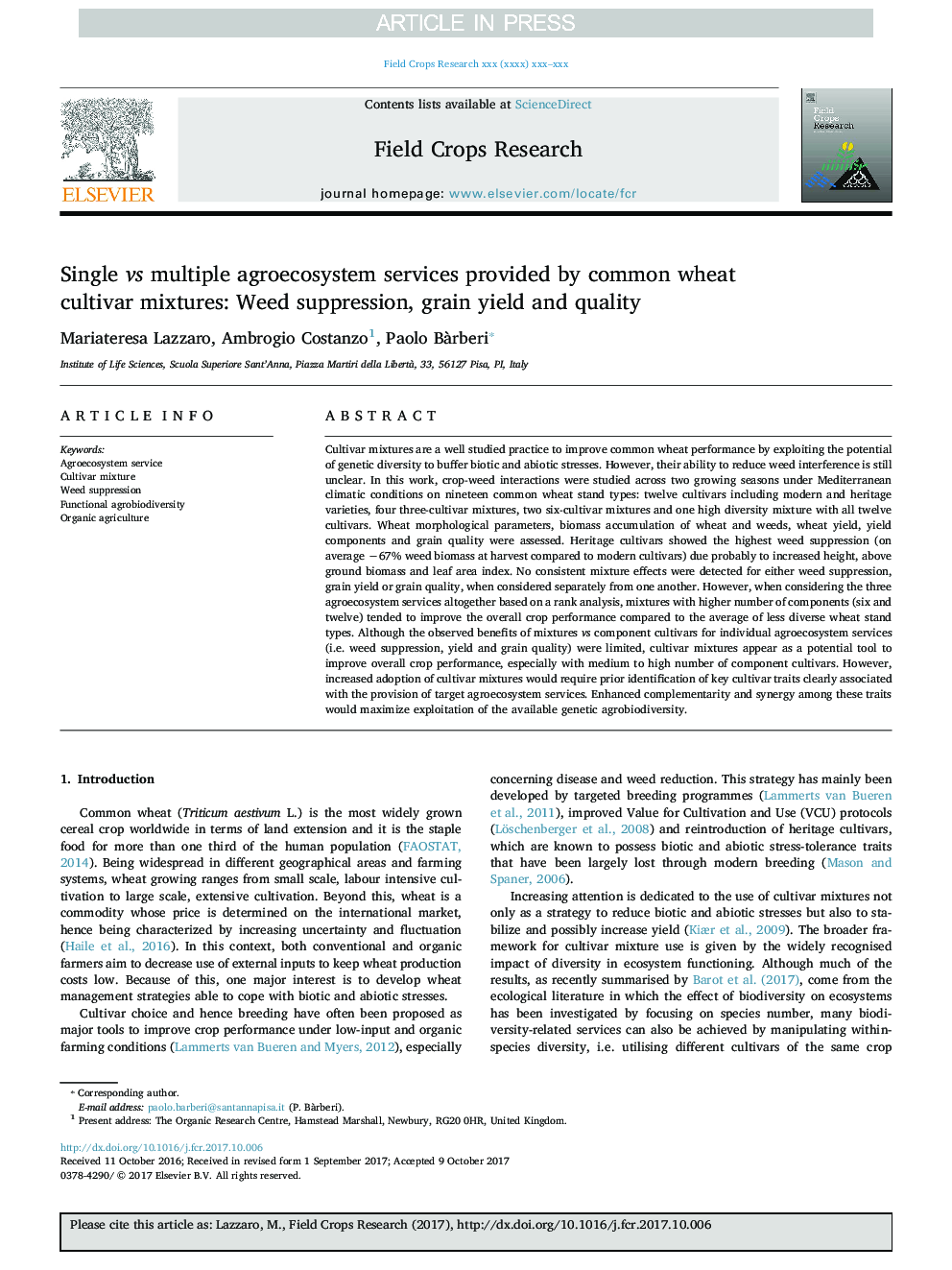Single vs multiple agroecosystem services provided by common wheat cultivar mixtures: Weed suppression, grain yield and quality