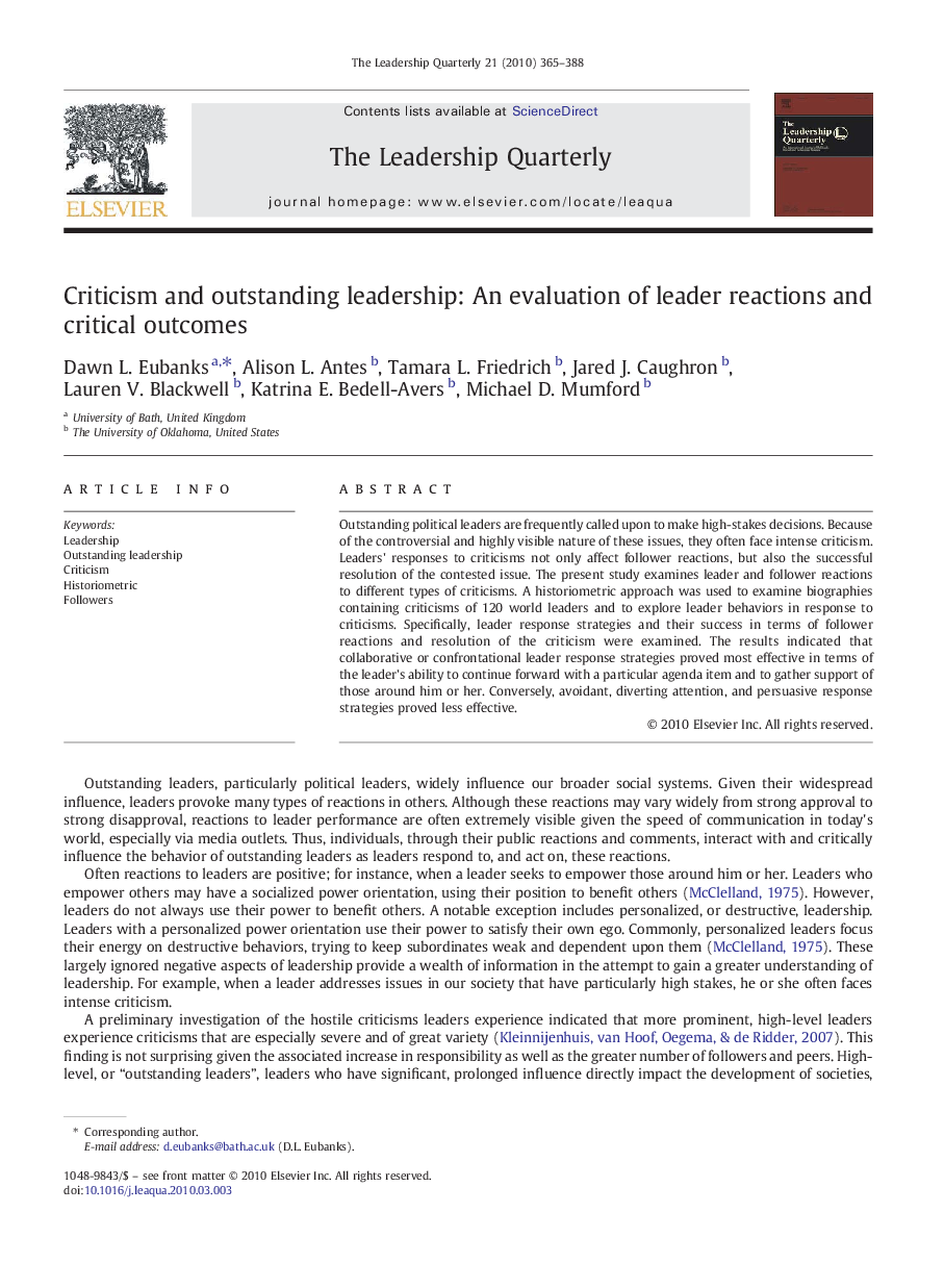 Criticism and outstanding leadership: An evaluation of leader reactions and critical outcomes