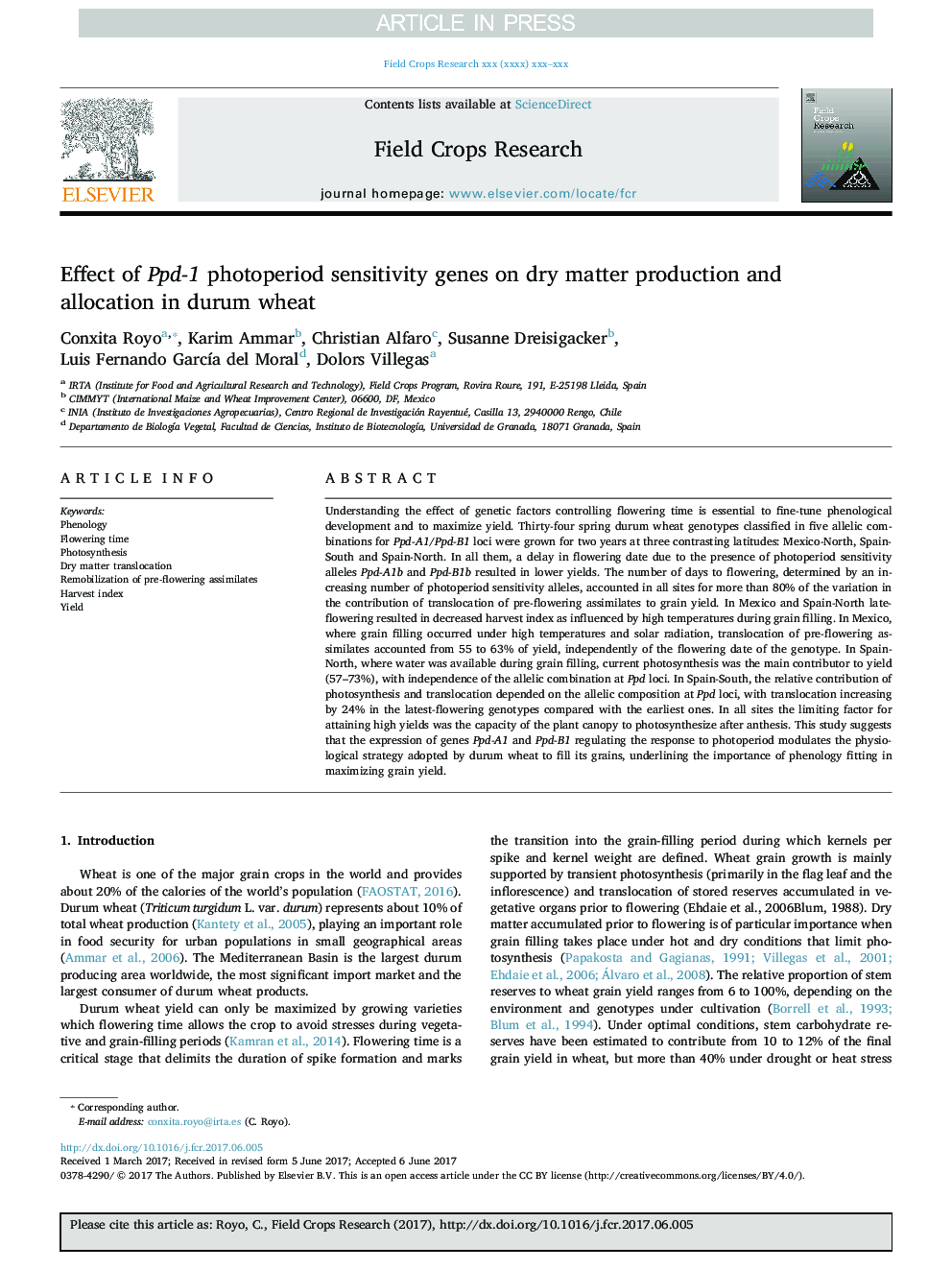 Effect of Ppd-1 photoperiod sensitivity genes on dry matter production and allocation in durum wheat