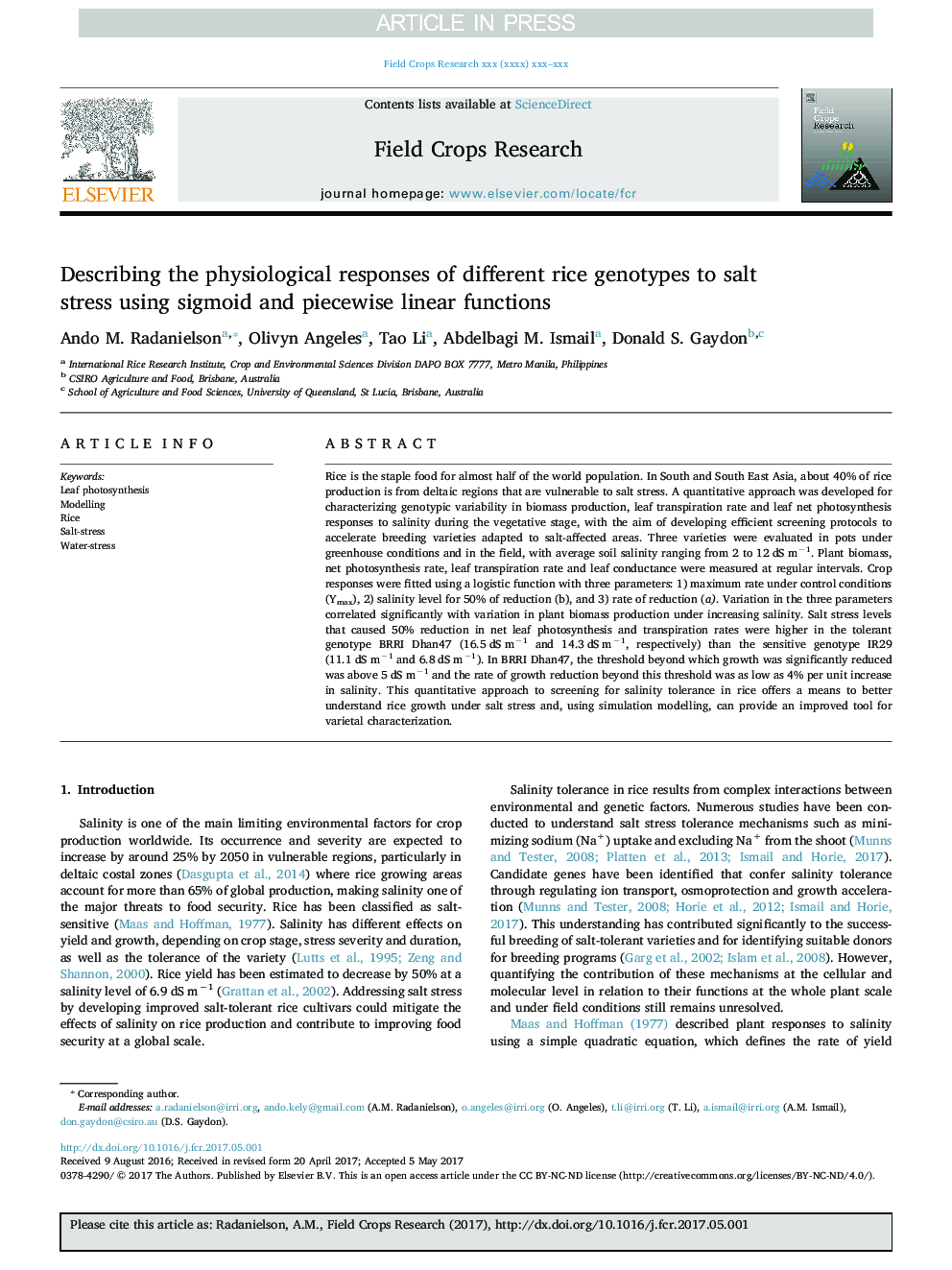 Describing the physiological responses of different rice genotypes to salt stress using sigmoid and piecewise linear functions