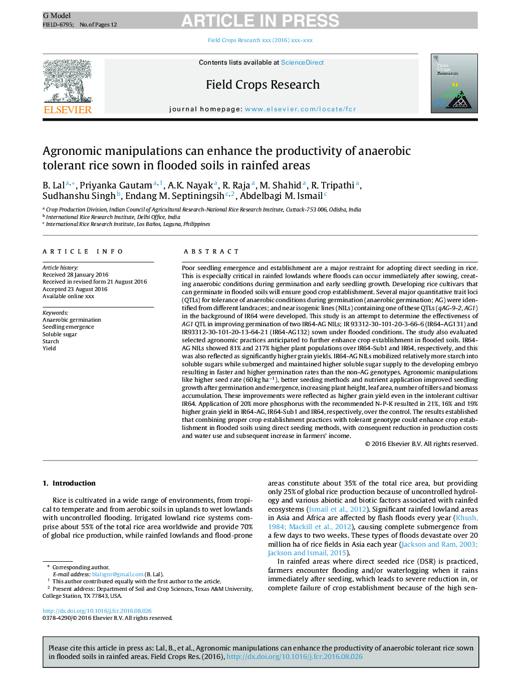 Agronomic manipulations can enhance the productivity of anaerobic tolerant rice sown in flooded soils in rainfed areas