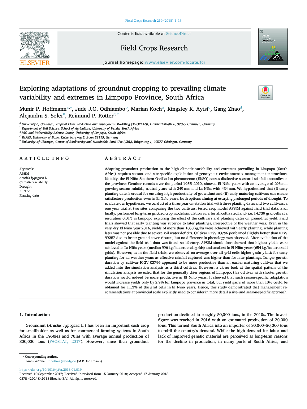 Exploring adaptations of groundnut cropping to prevailing climate variability and extremes in Limpopo Province, South Africa