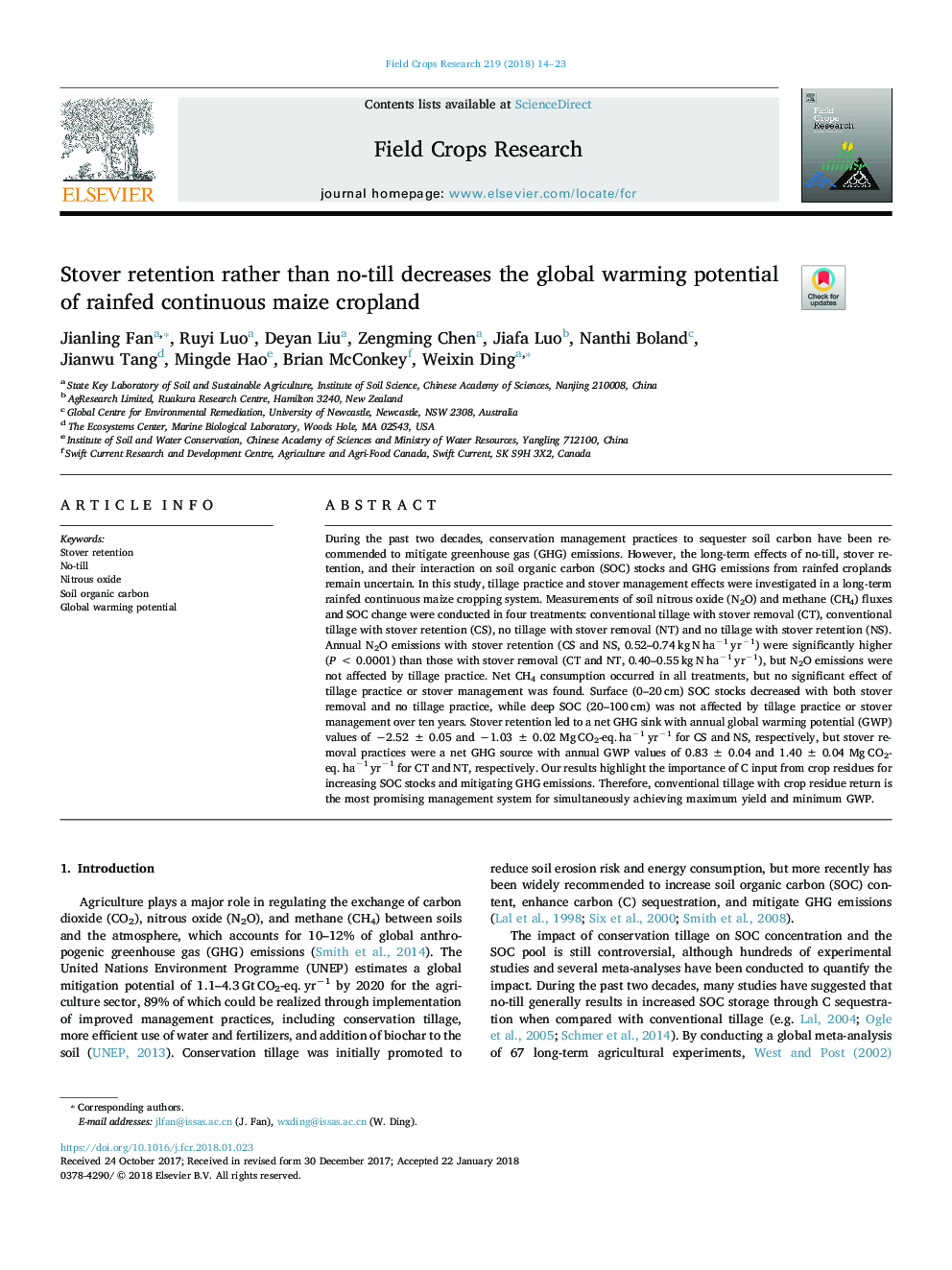 Stover retention rather than no-till decreases the global warming potential of rainfed continuous maize cropland