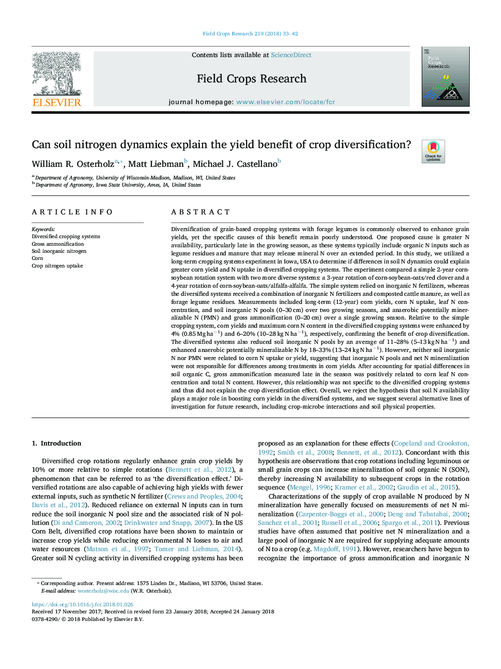 Can soil nitrogen dynamics explain the yield benefit of crop diversification?