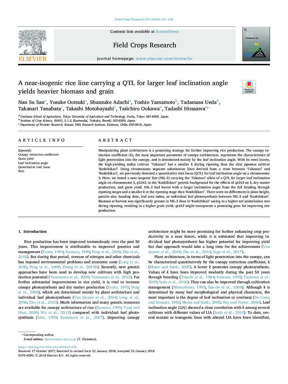 A near-isogenic rice line carrying a QTL for larger leaf inclination angle yields heavier biomass and grain