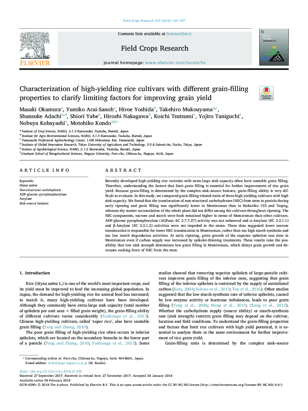 Characterization of high-yielding rice cultivars with different grain-filling properties to clarify limiting factors for improving grain yield