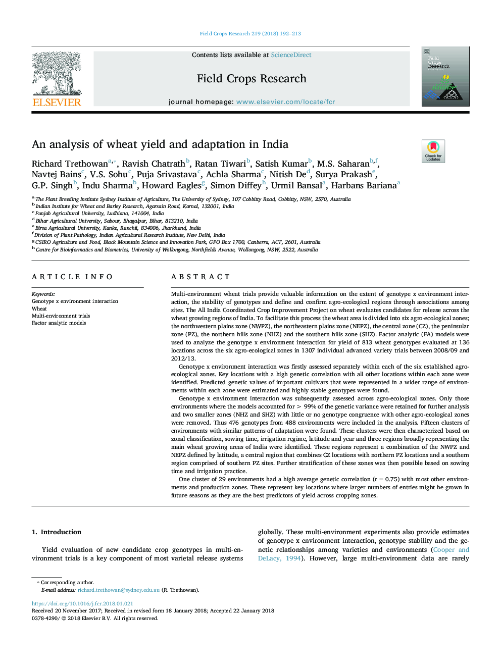 An analysis of wheat yield and adaptation in India