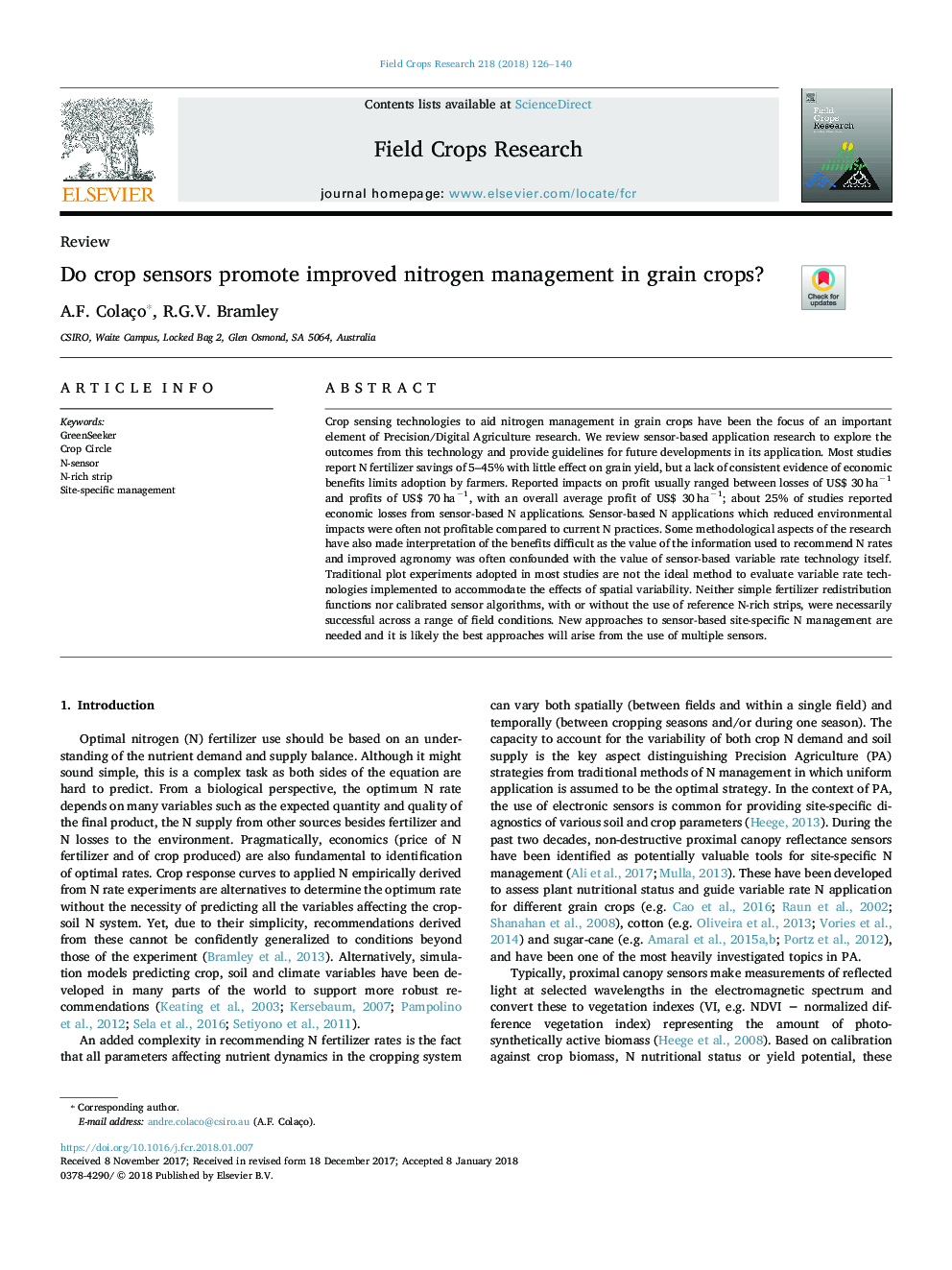 Do crop sensors promote improved nitrogen management in grain crops?