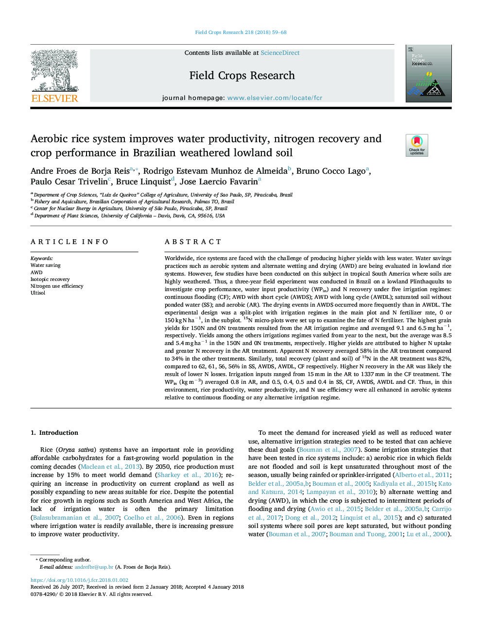 Aerobic rice system improves water productivity, nitrogen recovery and crop performance in Brazilian weathered lowland soil