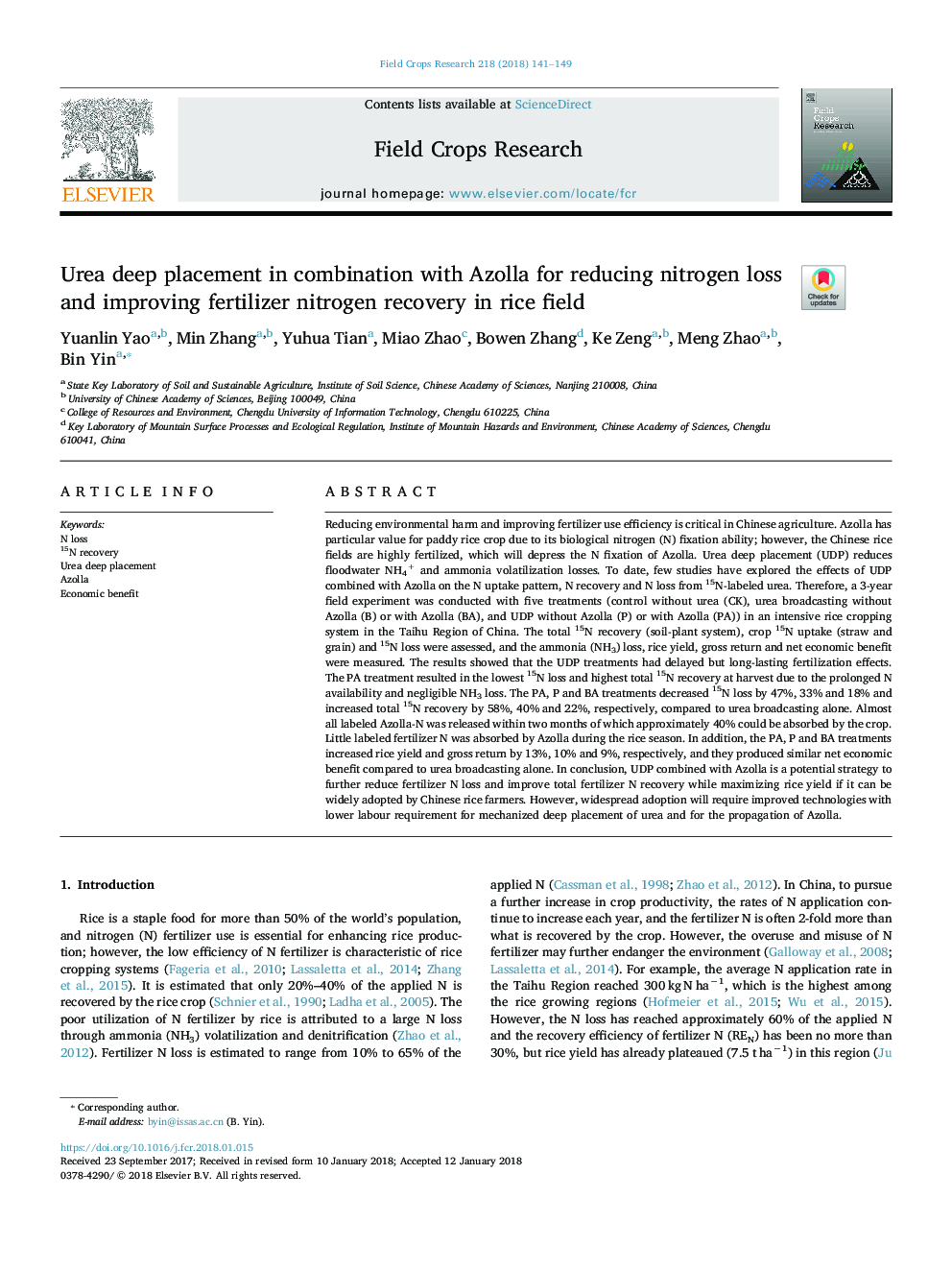 Urea deep placement in combination with Azolla for reducing nitrogen loss and improving fertilizer nitrogen recovery in rice field