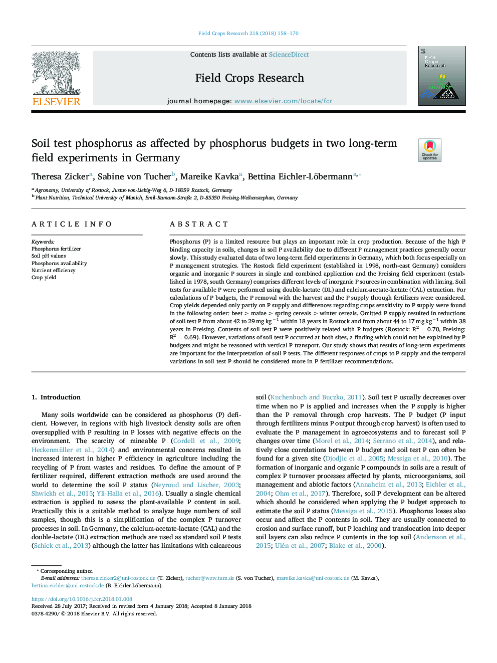 Soil test phosphorus as affected by phosphorus budgets in two long-term field experiments in Germany