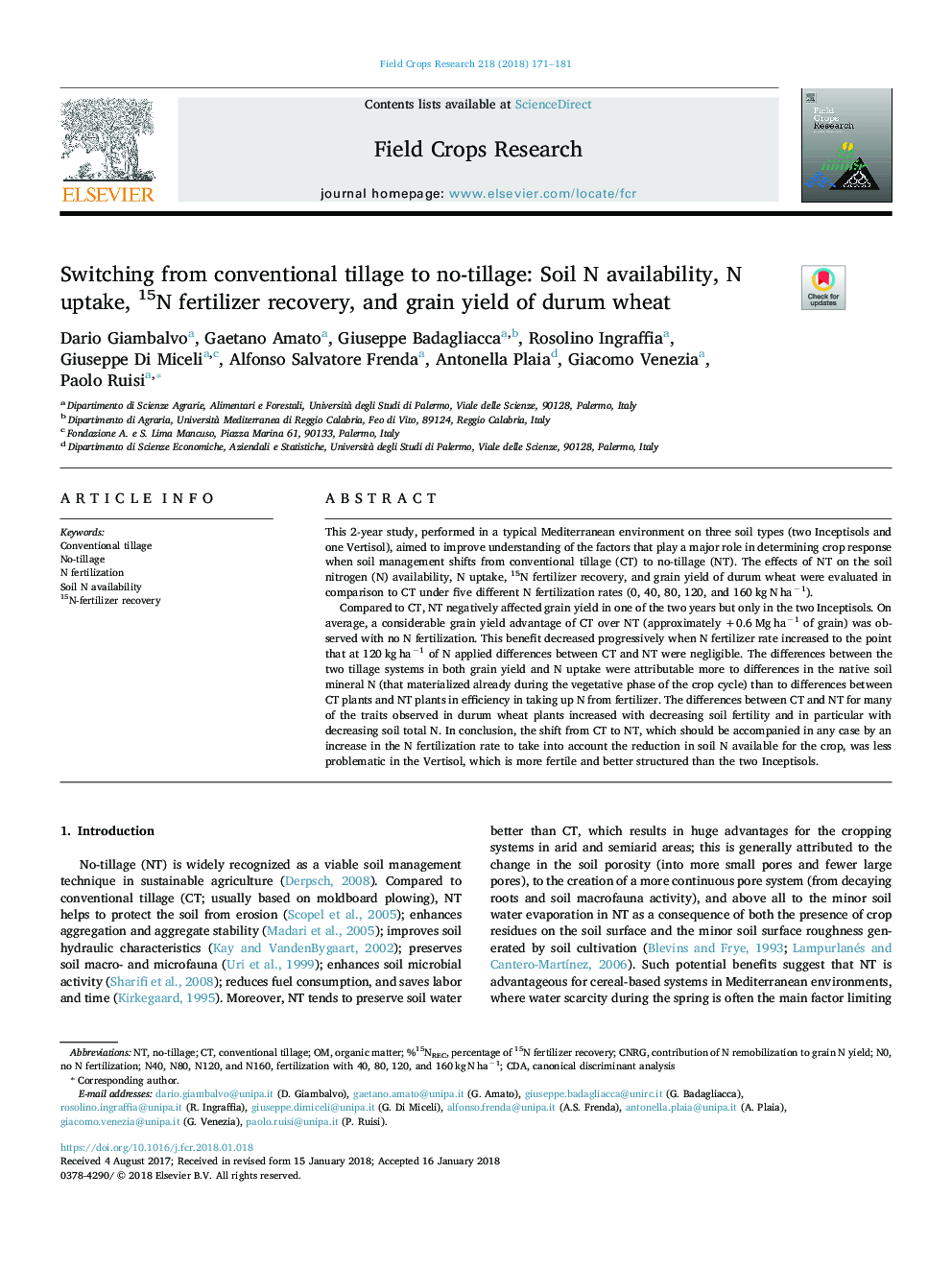 Switching from conventional tillage to no-tillage: Soil N availability, N uptake, 15N fertilizer recovery, and grain yield of durum wheat