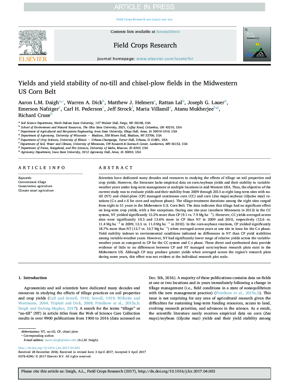 Yields and yield stability of no-till and chisel-plow fields in the Midwestern US Corn Belt