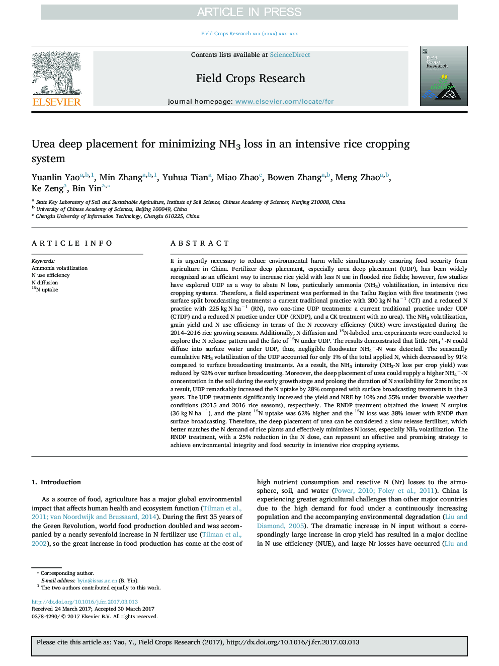 Urea deep placement for minimizing NH3 loss in an intensive rice cropping system