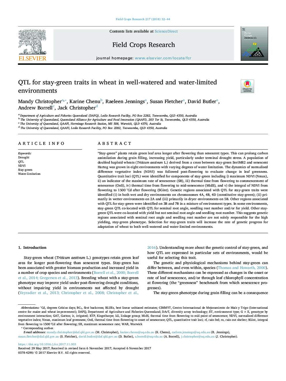 QTL for stay-green traits in wheat in well-watered and water-limited environments