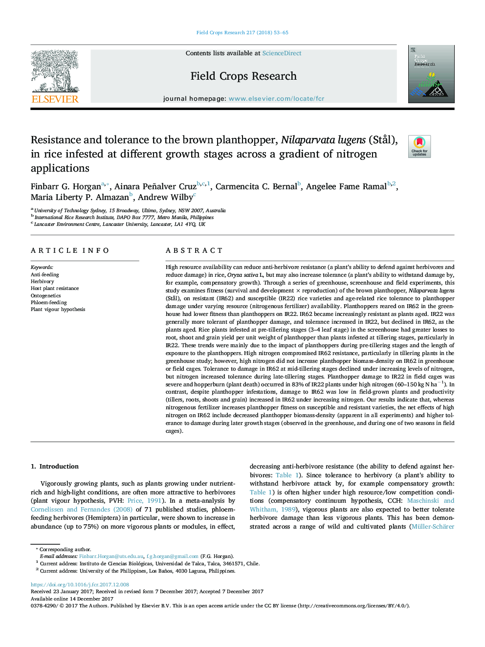 Resistance and tolerance to the brown planthopper, Nilaparvata lugens (StÃ¥l), in rice infested at different growth stages across a gradient of nitrogen applications