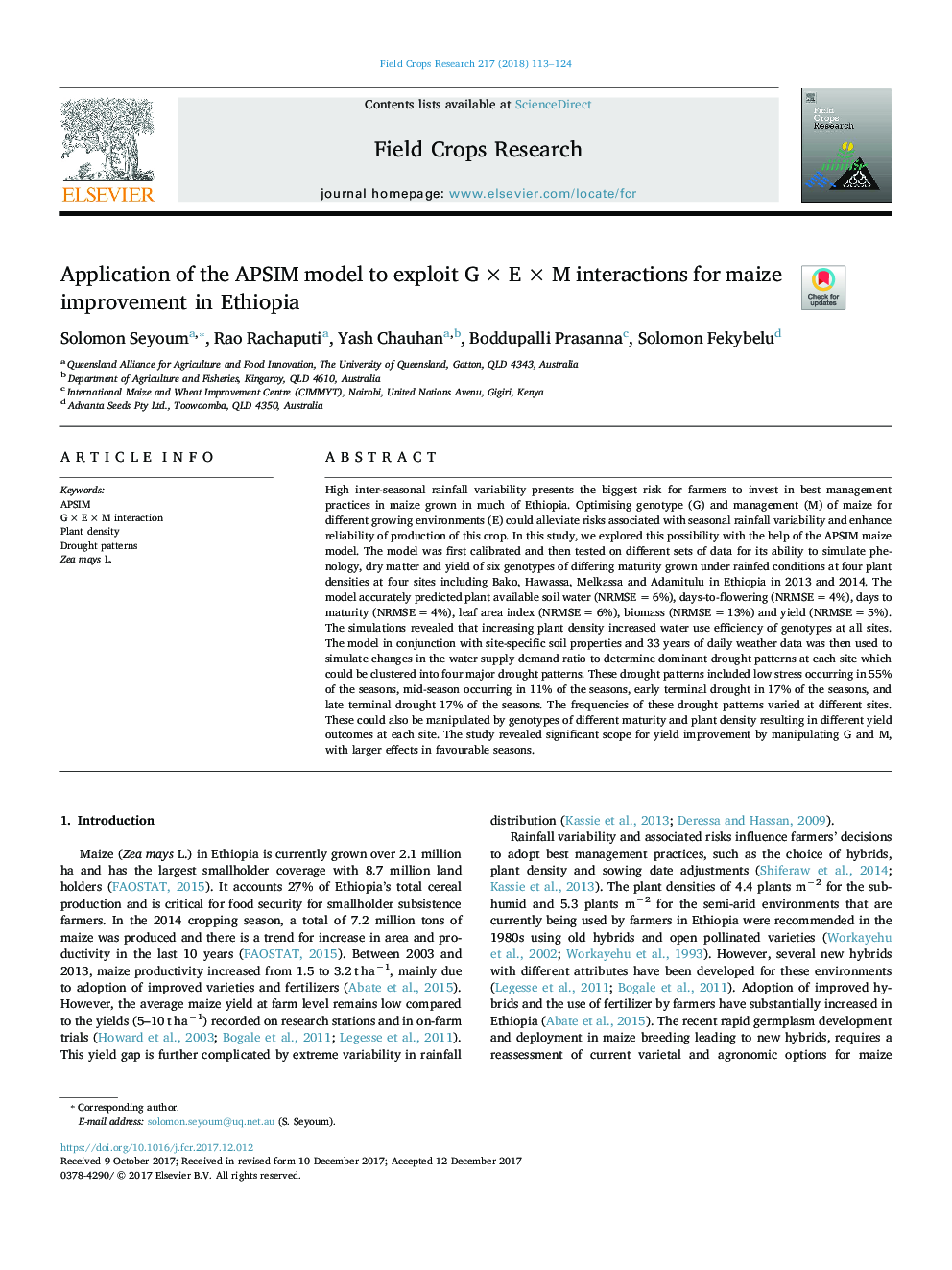 Application of the APSIM model to exploit Gâ¯Ãâ¯Eâ¯Ãâ¯M interactions for maize improvement in Ethiopia