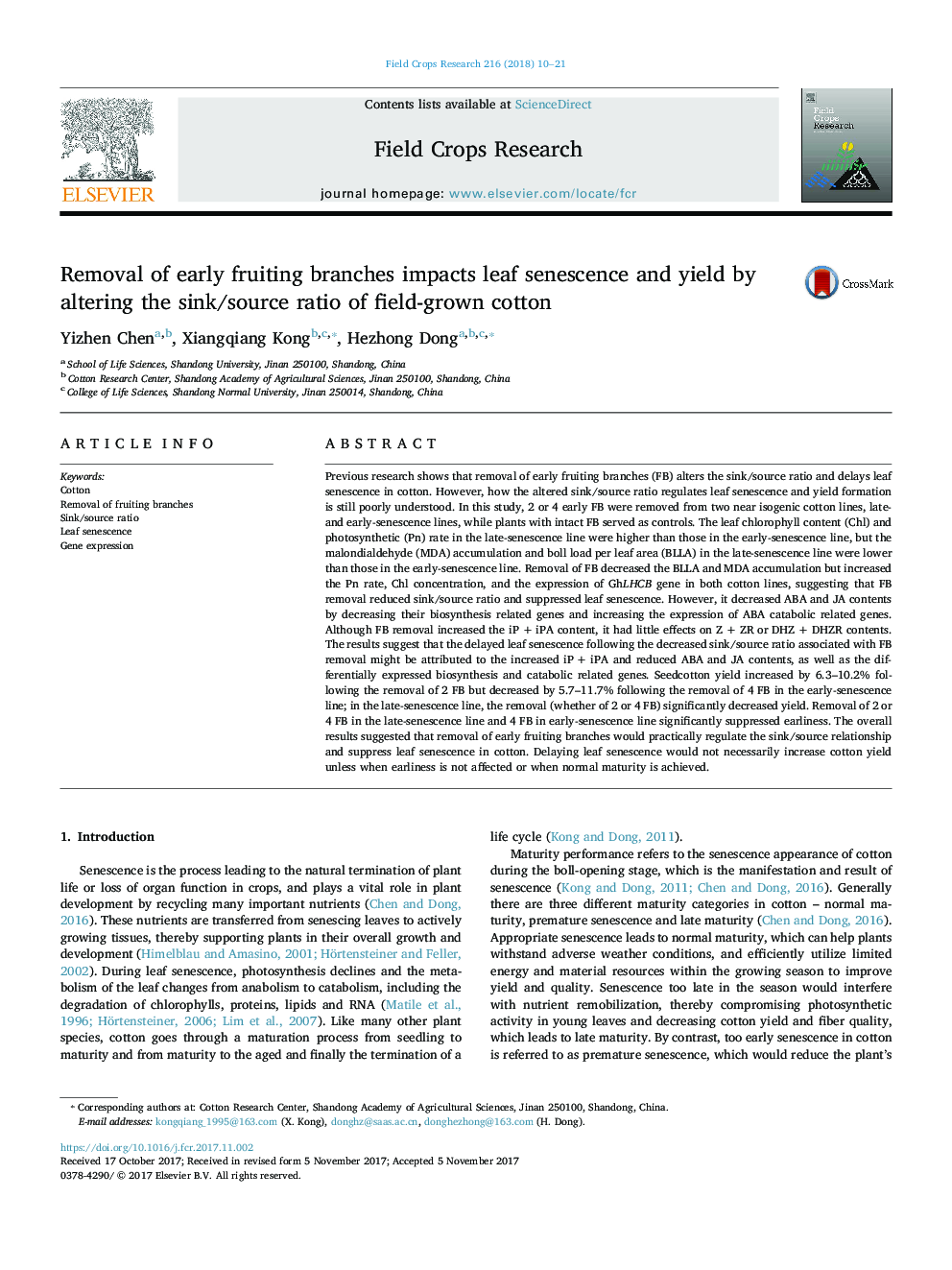 Removal of early fruiting branches impacts leaf senescence and yield by altering the sink/source ratio of field-grown cotton