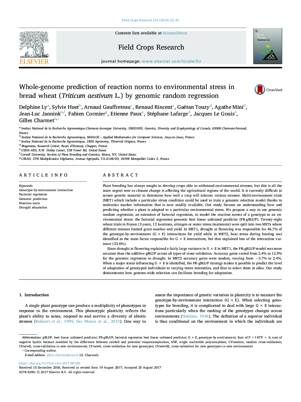 Whole-genome prediction of reaction norms to environmental stress in bread wheat (Triticum aestivum L.) by genomic random regression