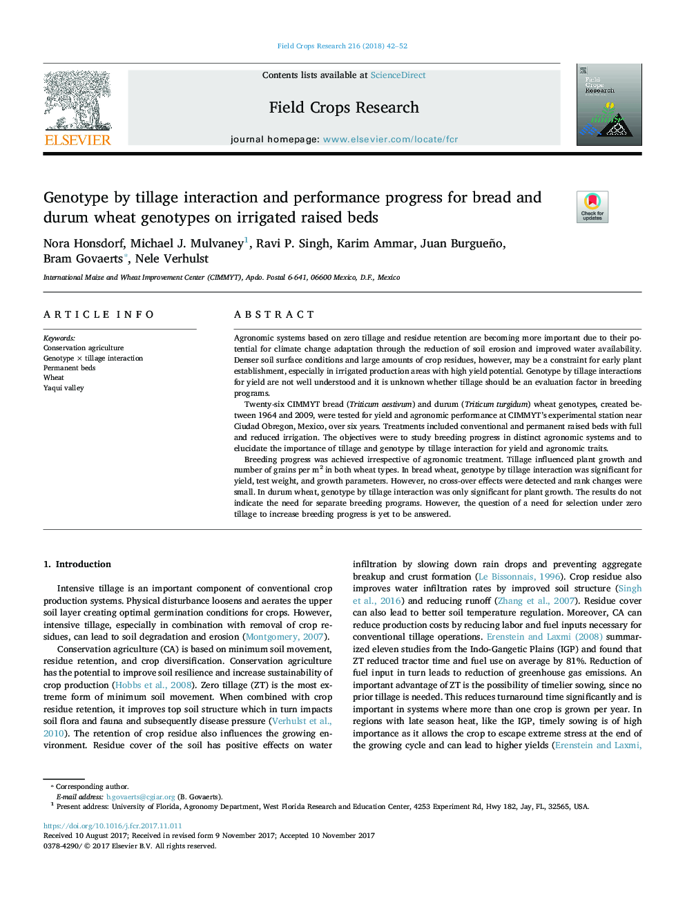 Genotype by tillage interaction and performance progress for bread and durum wheat genotypes on irrigated raised beds