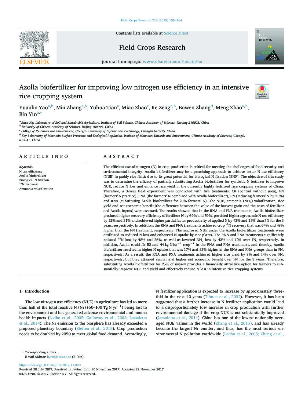 Azolla biofertilizer for improving low nitrogen use efficiency in an intensive rice cropping system