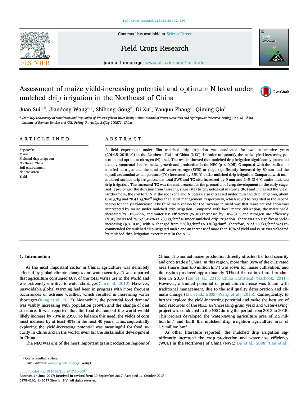 Assessment of maize yield-increasing potential and optimum N level under mulched drip irrigation in the Northeast of China