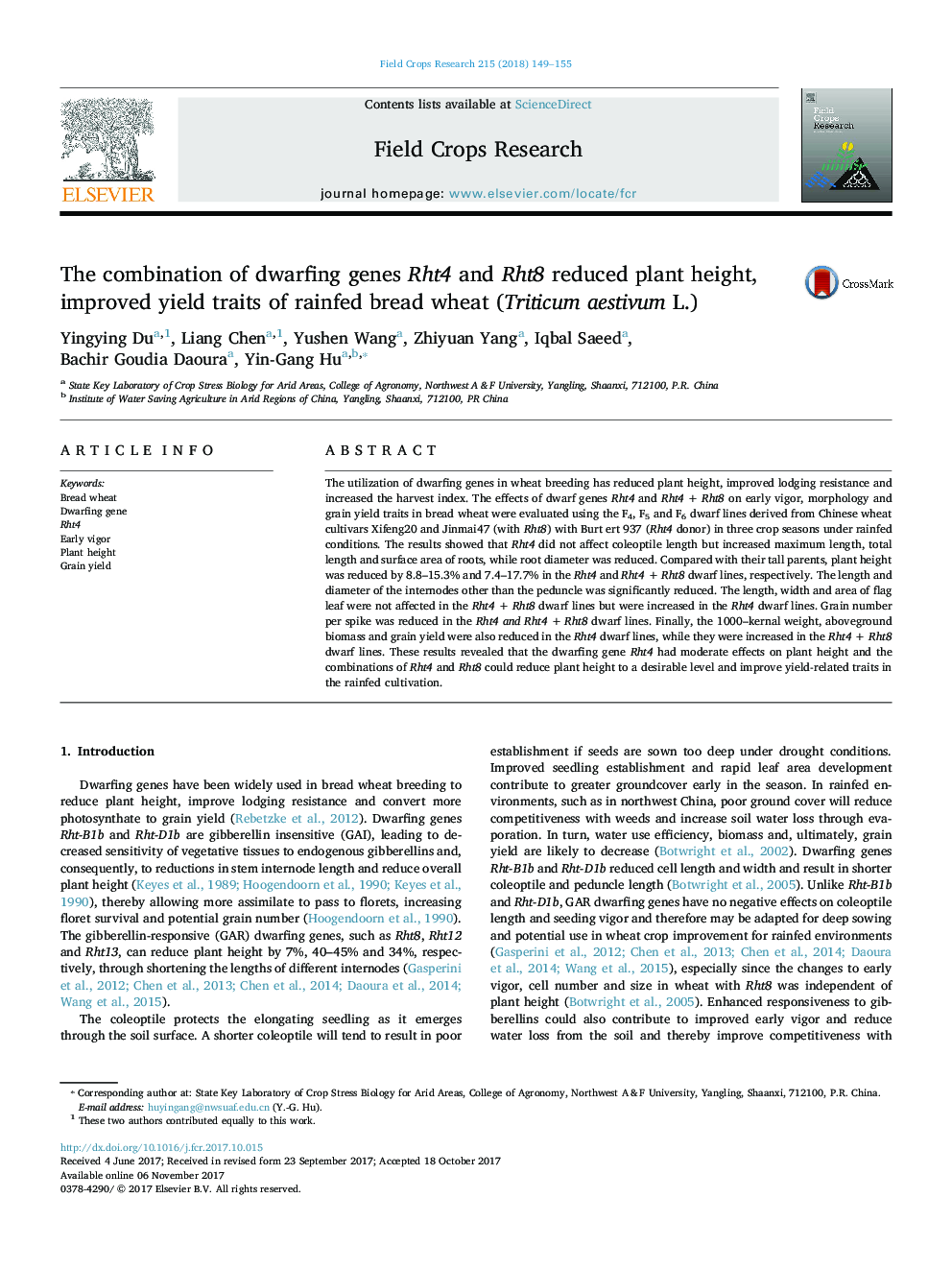 The combination of dwarfing genes Rht4 and Rht8 reduced plant height, improved yield traits of rainfed bread wheat (Triticum aestivum L.)