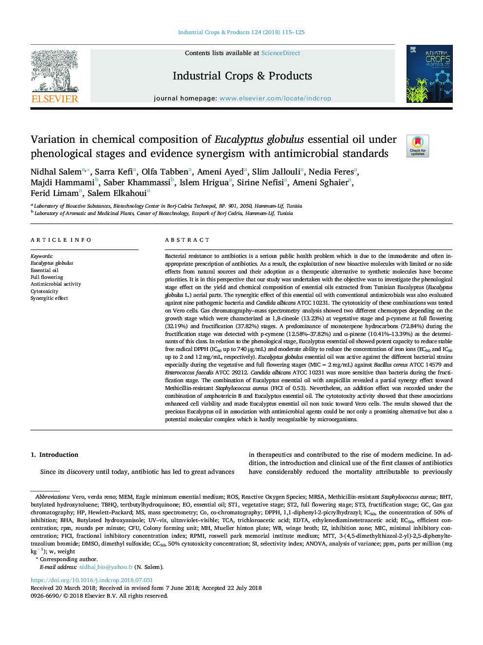 تغییرات در ترکیب شیمیایی اسانس اکالیپتوس گلوبولوس در مراحل فنولوژیک و هم افزایی شواهد با استانداردهای ضد 